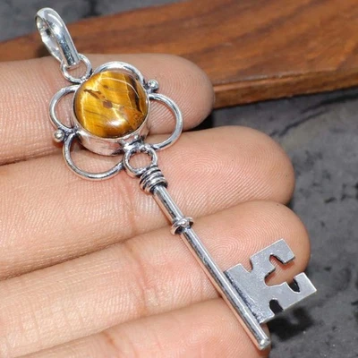 925 Silver Plated Key Tiger Eye Ethnic Pendant Jewelry Size 2.5" GW - Image 1 of 3