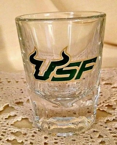 UNIVERSITY SOUTH FLORIDA SHOT GLASS USF BULLS CLEAR GREEN YELLOW USA BARWARE. - Picture 1 of 7
