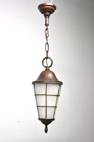 Antique Handel Style Arts And Crafts Hall /Porch Pendant Glue Chip Glass&Copper Cover