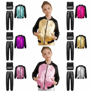 Kids Girls Crop Top With Trousers Exercise Sweatsuit 3 Pcs Tracksuit Shiny Team - Picture 1 of 73