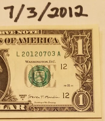 Birthday Anniversary March 7, 2012 and July 3, 2012 One Dollar Bill Fancy Serial - Image 1 of 4