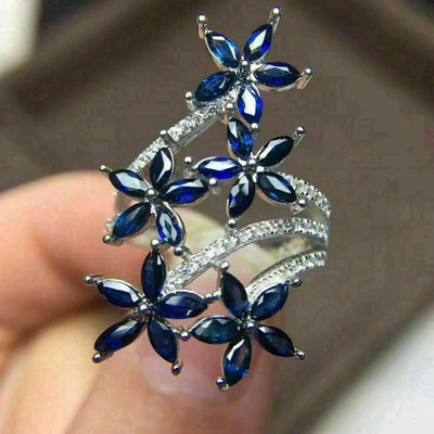 Women's Cluster Flower Design Wide Ring 3.87TCW Simulated Blue & White Sapphire - Image 1 of 4