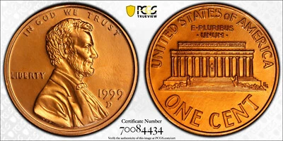 1999 D PCGS MS69RD PL Prooflike Lincoln Cent Pop 1/0 Finest Known Example - Image 1 of 3