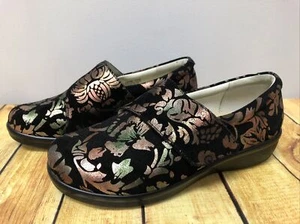 Alegria Lauryn Black Leather Floral Embossed Comfort Loafer Shoes Womens 39/9 W - Picture 1 of 10