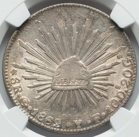 Mexico Silver 8 Reales 1862 Go YF Guanajuato Mint. NGC MS-63 Cover