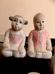 Pair Vintage Chinese Carved Wood Lucky Baby Boy Girl Son Daughter Art Figures - Picture 1 of 12