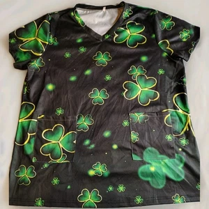 Scrub Top St Patrick's Day Shamrock Women's Sz XL Unbranded Green And Black - Picture 1 of 9
