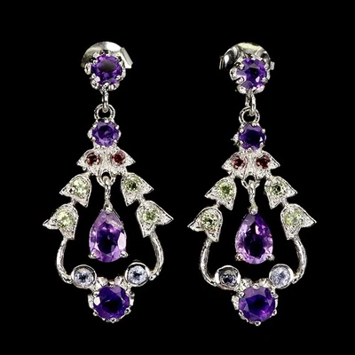 925 Sterling Silver Earrings Pear Amethyst Peridot Tanzanite Gemstone Jewelry - Image 1 of 4