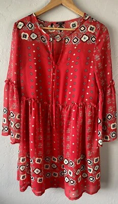 Buffalo David Bitton Red Border Folk Floral Dress Boho Bell Sleeves Size Small - Image 1 of 4