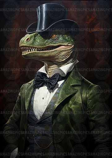 Dinosaur Art Print Funny Dapper Reptile Portrait Fantasy Jurassic Top Hat  M70 - Image 1 of 1