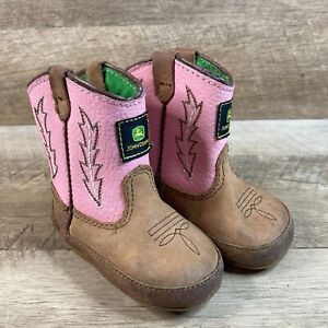 John Deere Infant Johnny Popper Boots Girls Size 3M Brown Pink Hook & Loop Shoes
