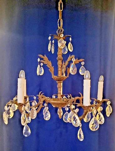 Antique Ornate French Brass Empire Spanish 5 Arm 5 Lite Lead Crystal Chandelier Cover