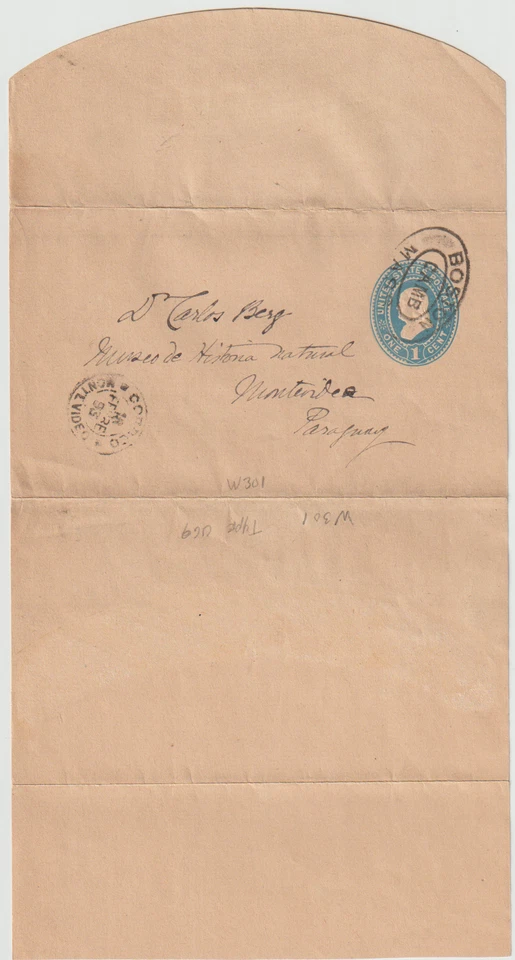 US Scott #W301 Used to Paraguay  1c Franklin Newspaper Wrapper, 1887 Folded - Image 1 of 1