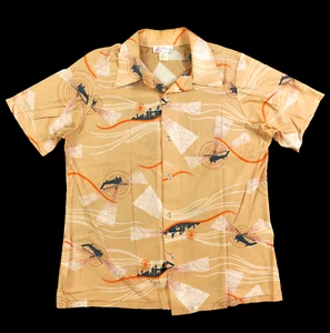 Vintage 50s Button Shirt Large Medium 60s Rockabilly Atomic Helicopter Skyline - Picture 1 of 14
