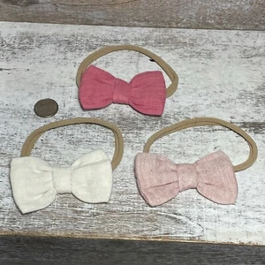 Lot of 3 GIRLS Bows Linen Hair Ties Beige, Pink & Light Pink 2.5" Brand New - Picture 1 of 12