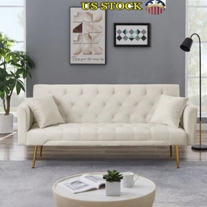 Convertible Velvet Futon Sofa Bed W/ 2 Pillows Adjustable Backrest Gold Legs New - Picture 1 of 7