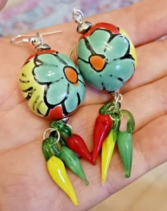 Talavera Clay Beads & Glass Chili Pepper Bold & Bright Frida Earrings! UNIQUE - Picture 1 of 7