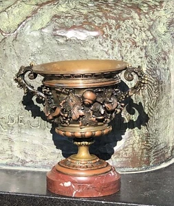 Antique Fine Quality 19th C French Bronze Vase Tazza On Rouge Marble By A. Caín - Bild 1 von 14