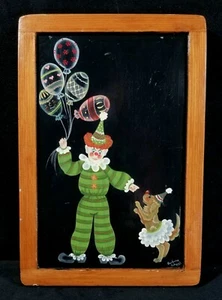 Vintage Oil On HardBoard Folk Art Clown Balloons Trick Dog By BarbaraSchwab FINE - Picture 1 of 10