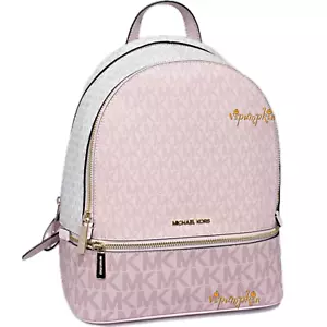 Michael Kors Rhea Medium Signature Logo Backpack MK Powder Blush Pink Multi - Picture 1 of 12