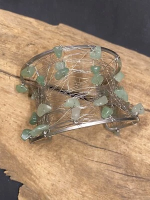 SILVER TONE METAL GREEN AVENTURINE CRYSTAL  GEM CUFF BRACELET - Image 1 of 4