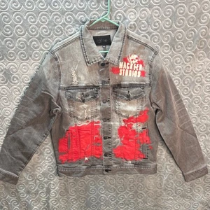 Mackeen Studios Mens Skull Graphic Denim Jacket Red Paint XL - Picture 1 of 5