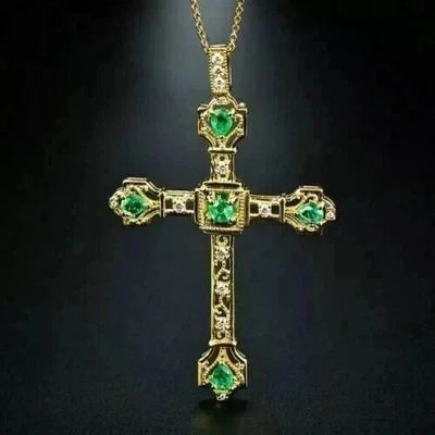 Colgante Cruz Esmeralda Verde Simulada Redonda 2Ct Chapado en Oro Amarillo 14KY 18" Cadena Foto 1 de 4