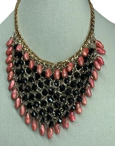 Bold Moving, Sound Making, Beaded 3-D Bib Statement Geometric Necklace Gold Tone - Picture 1 of 11