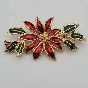 Poinsettia Holly Brooch Pin Christmas Holiday Enamel Red Green SR 42530 Flora - Picture 1 of 5