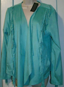 NEW Colleen Lopez Faux Suede Fringe Jacket Green Turquoise SZ L - Picture 1 of 7