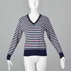 S 1970s Striped V-Neck Sweater Long Sleeves Pull Over Casual Blue Purple 70s VTG