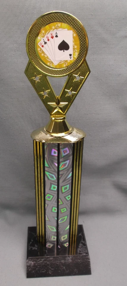 Troféu de inserção de pôquer coluna larga prata/ouro acabamento preto base de madeira prêmio - Imagem 1 de 1