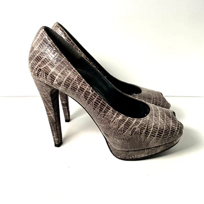 Stuart Weitzman Heels 8.5 M Gray Snake Print Peep Toe Stiletto Pumps Platform - Image 1 of 4