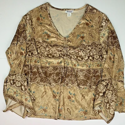 Винтажная блузка верхний женщин пейсли цветочный велюр типа коричневый Younique 18/20 мягкий - Изображение 1 из 4