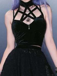 Top Halter Gótico Pentagrama Negro Sexy Sin Espalda Hueco Emo Gótico Top Recortado - Imagen 1 de 23