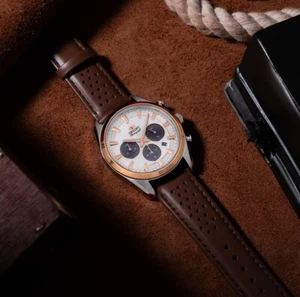 Orient Stretto RA-TX0306S10B Solar Chronograph White Analog Brown Leather Watch - Picture 1 of 6