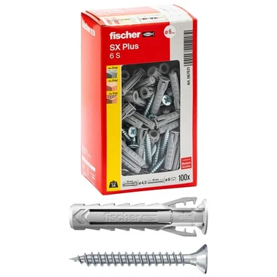 Fischer 100 Tasselli SX Plus con Vite 6x30 mm per Muro Pieno Mattone Forato - Immagine 1 di 4