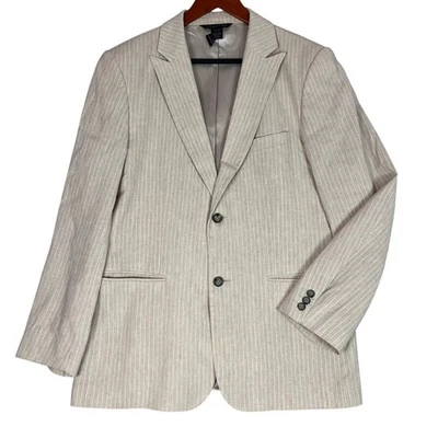 Linen Blend Blazer Mens 40R Pinstripe Beige White Woven in Italy Claiborne Luxe - Image 1 of 4