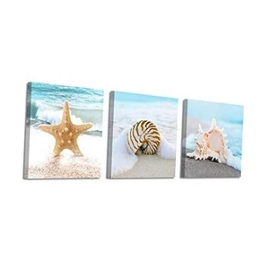 Seashore Scene Canvas Wall Art: Seashells on Beach Graphic 12"x12"x3pcs blue02 - Picture 1 of 7