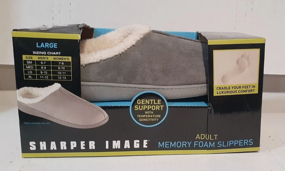 NIB Sharper Image Adult Memory Foam Slippers  - Gray - Large  (#644) - Image 1 of 3
