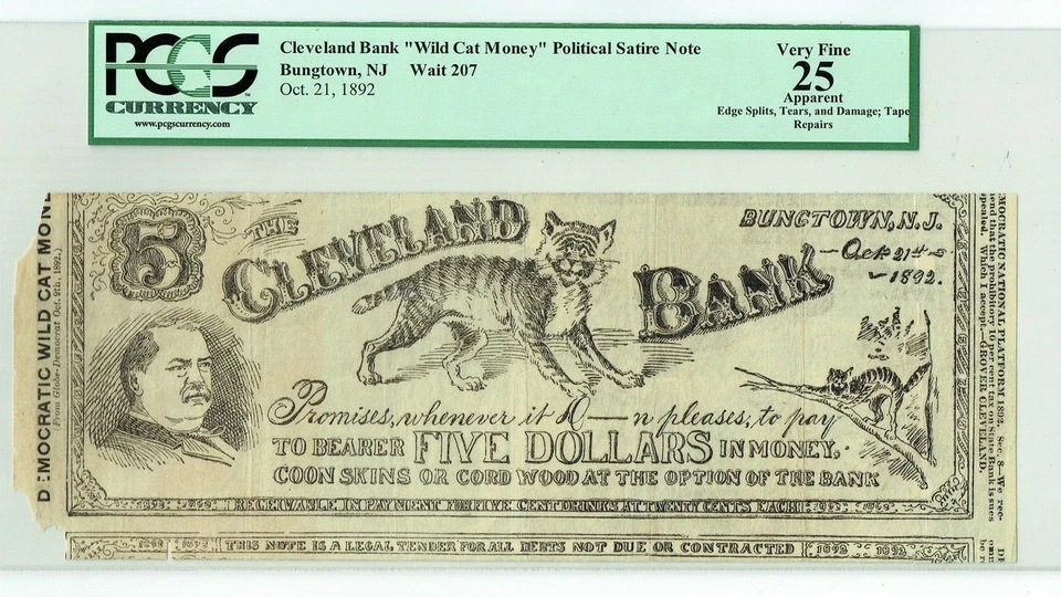 Cleveland Bank Wild Cat Money Bungtown NJ Grover Oct 21, 1892 PCGS Very Fine 25 - Image 1 of 4