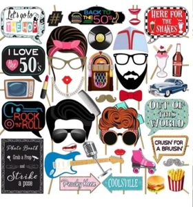 Vibrant 50s Photo Booth Props - 41 PC Kit with Signs, Sticks and Adhesives - Picture 1 of 7