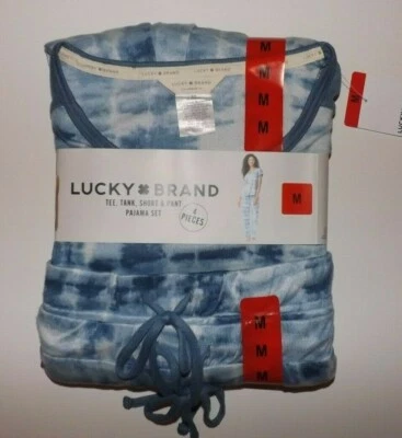 Lucky Brand Womens Pajamas Set 4 Piece Blue White Tie Dye Sleepwear Small S NWT - Image 1 of 2