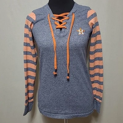 Top de mujer Houston Astros manga larga con cordones delantero pequeño naranja azul a rayas Foto 1 de 4