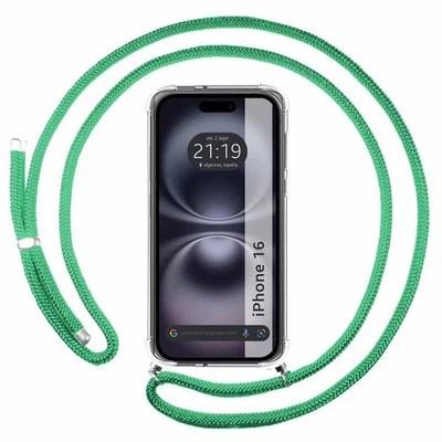 Fodera Sospesa Trasparente Per Iphone 16 Plus (6.7) Con Corda Verde Acqua - Immagine 1 di 3
