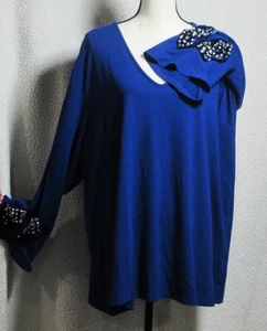 Joan Boyce ~ ROYAL BLUE VELVET BOW sleeve KNIT SHIRT SWEATER TOP Size 3X 24 26 - Picture 1 of 4