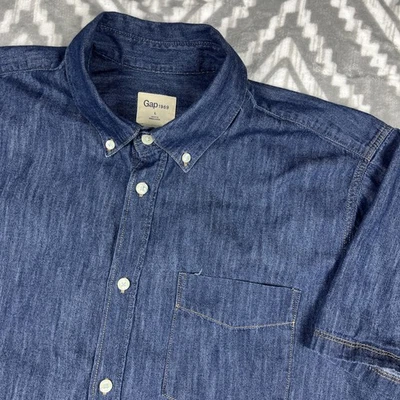 Gap 1969 Shirt Men's Large Dark Wash Denim Chambray Short Sleeve Preppy Casual - Image 1 of 4
