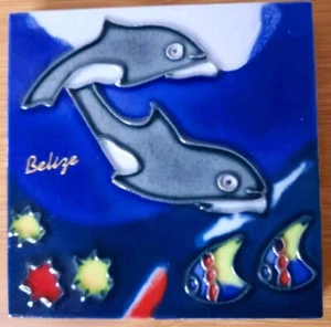Dolphin Tile/Coaster/Hot Plate 3.75" x 3.75" Beautiful Vibrant Color -- Belize - Picture 1 of 4