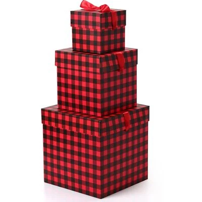 3 Pcs Christmas Nesting Gift Boxes Buffalo Plaid Xmas Stackable Boxes Black R... - Image 1 of 4