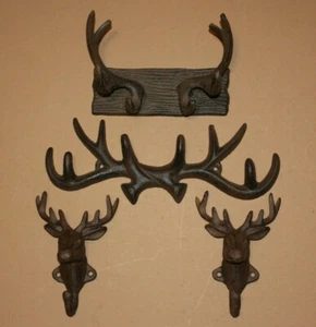 (4) Deer Hunter Rustic Bathroom Decor Cast Iron Towel Hooks, Deer Fever - Picture 1 of 9